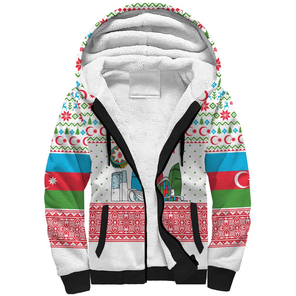 Azerbaijan Christmas Sherpa Hoodie with Baku Skyline Azerbaijan Flag and Red Green Snowflake Pattern Design - Wonder Print Shop