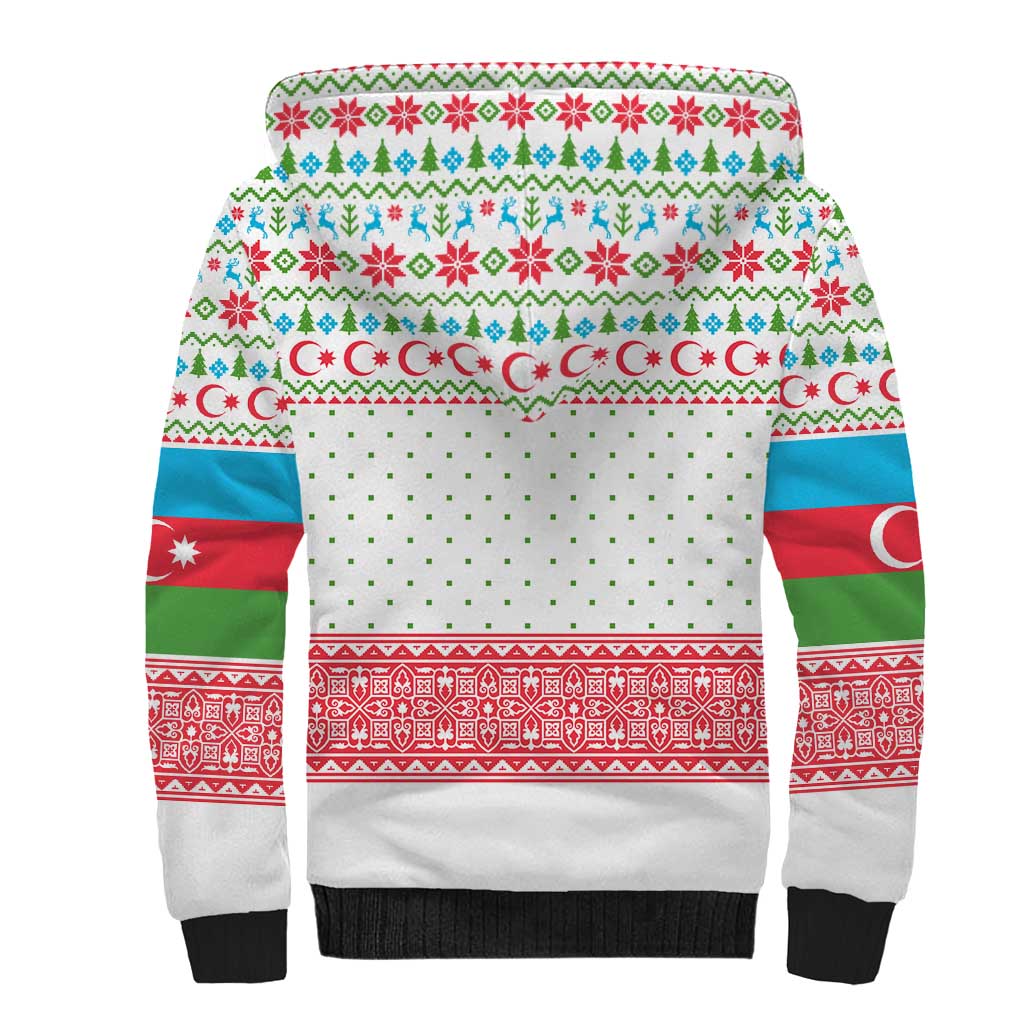 Azerbaijan Christmas Sherpa Hoodie with Baku Skyline Azerbaijan Flag and Red Green Snowflake Pattern Design - Wonder Print Shop
