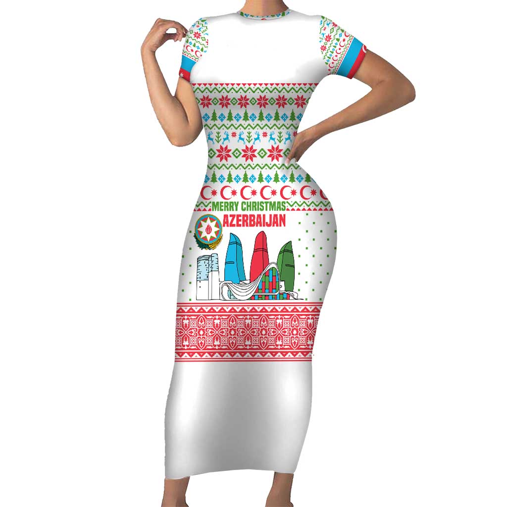 Azerbaijan Christmas Short Sleeve Bodycon Dress with Baku Skyline Azerbaijan Flag and Red Green Snowflake Pattern Design - Wonder Print Shop
