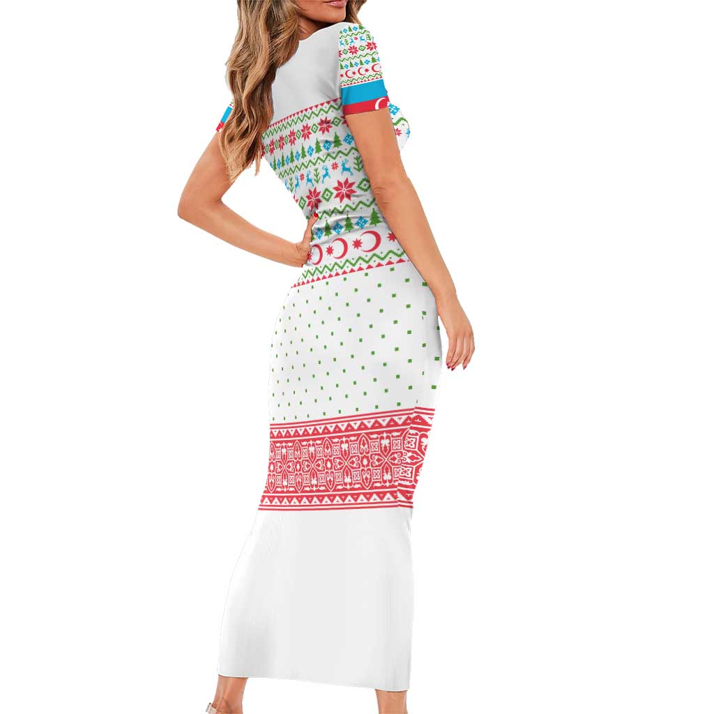 Azerbaijan Christmas Short Sleeve Bodycon Dress with Baku Skyline Azerbaijan Flag and Red Green Snowflake Pattern Design - Wonder Print Shop
