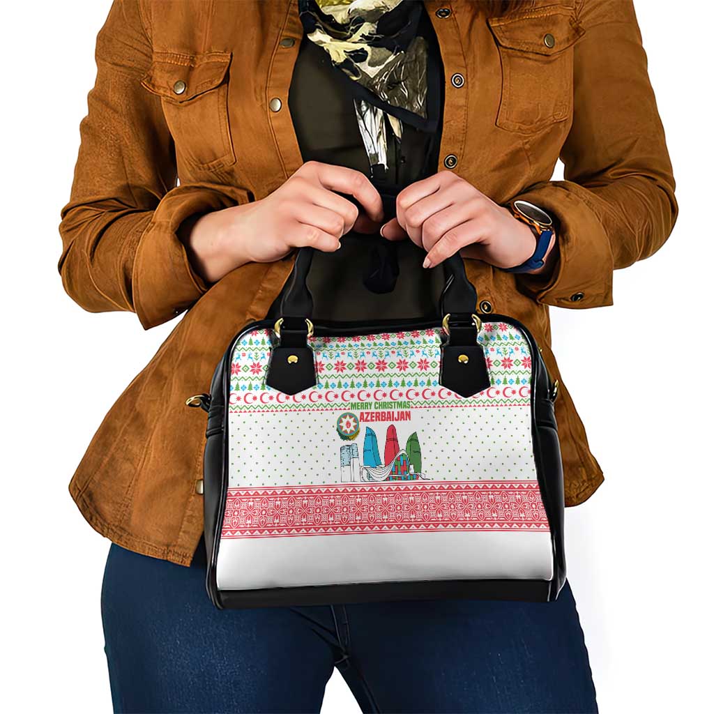 Azerbaijan Christmas Shoulder Handbag with Baku Skyline Azerbaijan Flag and Red Green Snowflake Pattern Design - Wonder Print Shop