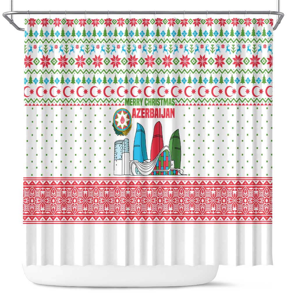 Azerbaijan Christmas Shower Curtain with Baku Skyline Azerbaijan Flag and Red Green Snowflake Pattern Design - Wonder Print Shop