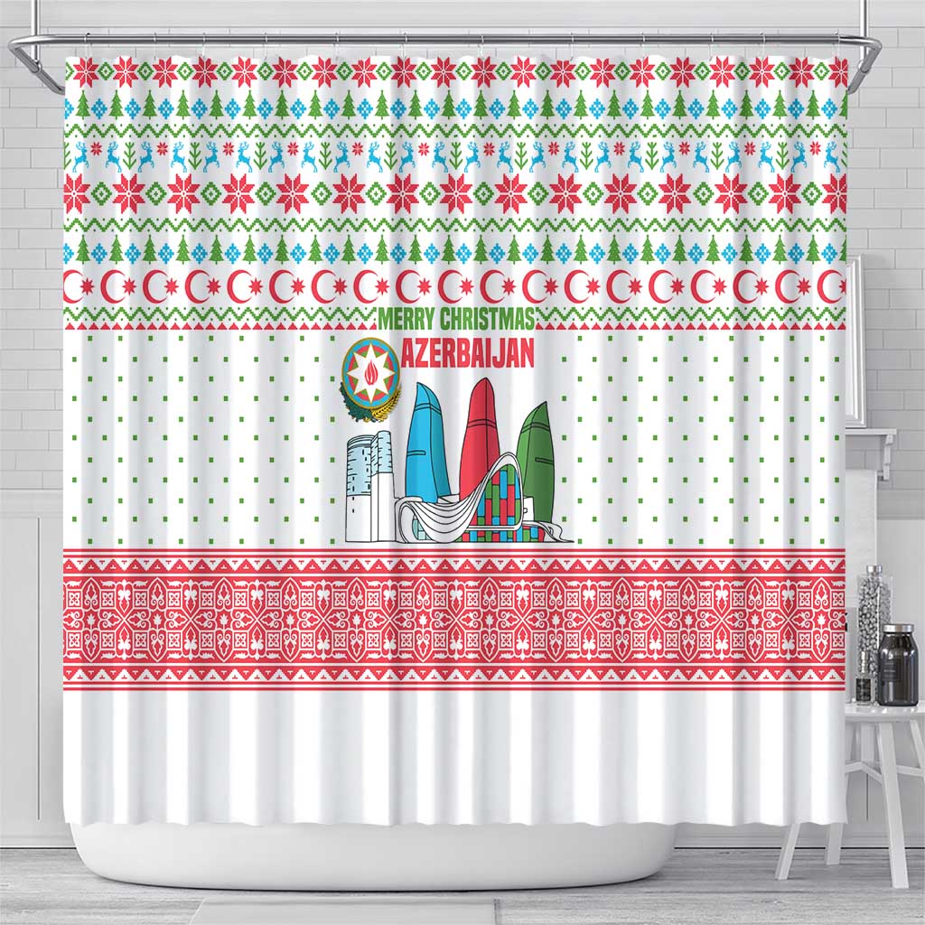 Azerbaijan Christmas Shower Curtain with Baku Skyline Azerbaijan Flag and Red Green Snowflake Pattern Design - Wonder Print Shop