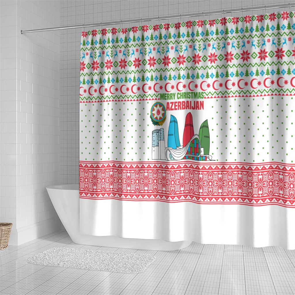 Azerbaijan Christmas Shower Curtain with Baku Skyline Azerbaijan Flag and Red Green Snowflake Pattern Design - Wonder Print Shop