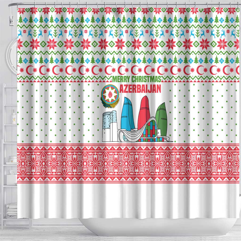 Azerbaijan Christmas Shower Curtain with Baku Skyline Azerbaijan Flag and Red Green Snowflake Pattern Design - Wonder Print Shop