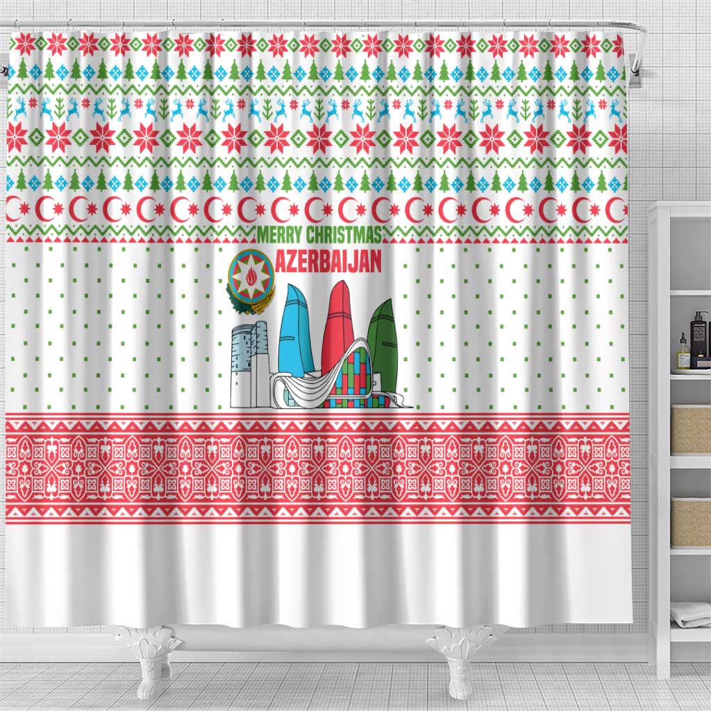Azerbaijan Christmas Shower Curtain with Baku Skyline Azerbaijan Flag and Red Green Snowflake Pattern Design - Wonder Print Shop