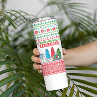 Azerbaijan Christmas Skinny Tumbler with Baku Skyline Azerbaijan Flag and Red Green Snowflake Pattern Design - Wonder Print Shop