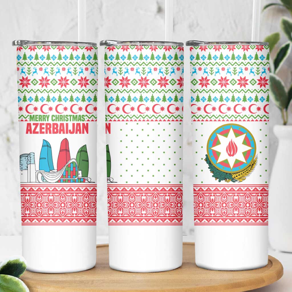 Azerbaijan Christmas Skinny Tumbler with Baku Skyline Azerbaijan Flag and Red Green Snowflake Pattern Design - Wonder Print Shop