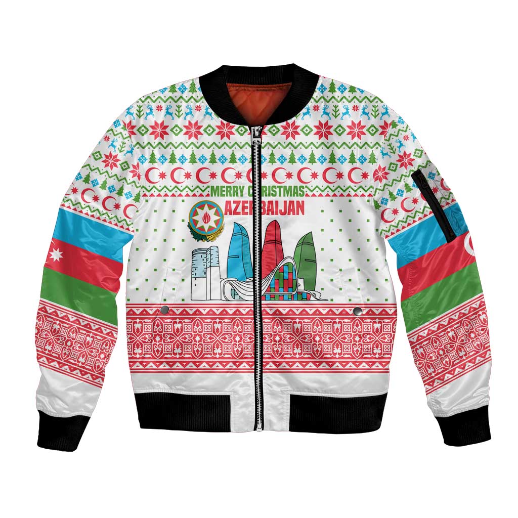 Azerbaijan Christmas Sleeve Zip Bomber Jacket with Baku Skyline Azerbaijan Flag and Red Green Snowflake Pattern Design - Wonder Print Shop