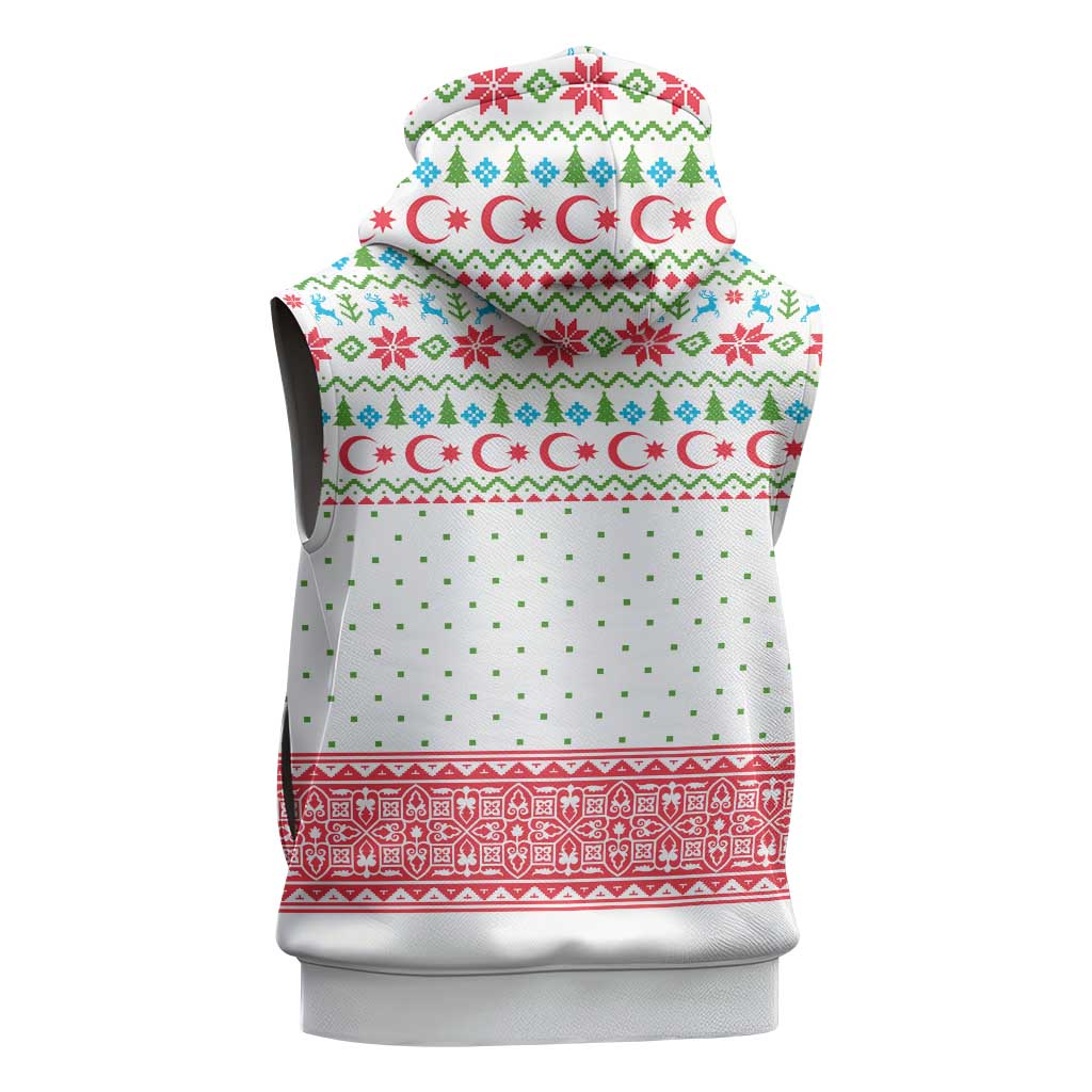 Azerbaijan Christmas Sleeveless Hoodie with Baku Skyline Azerbaijan Flag and Red Green Snowflake Pattern Design - Wonder Print Shop