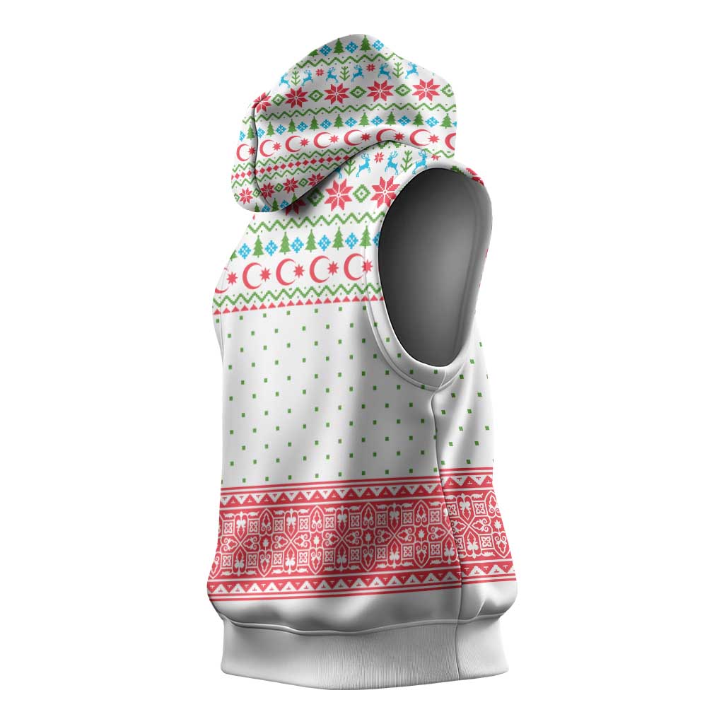 Azerbaijan Christmas Sleeveless Hoodie with Baku Skyline Azerbaijan Flag and Red Green Snowflake Pattern Design - Wonder Print Shop
