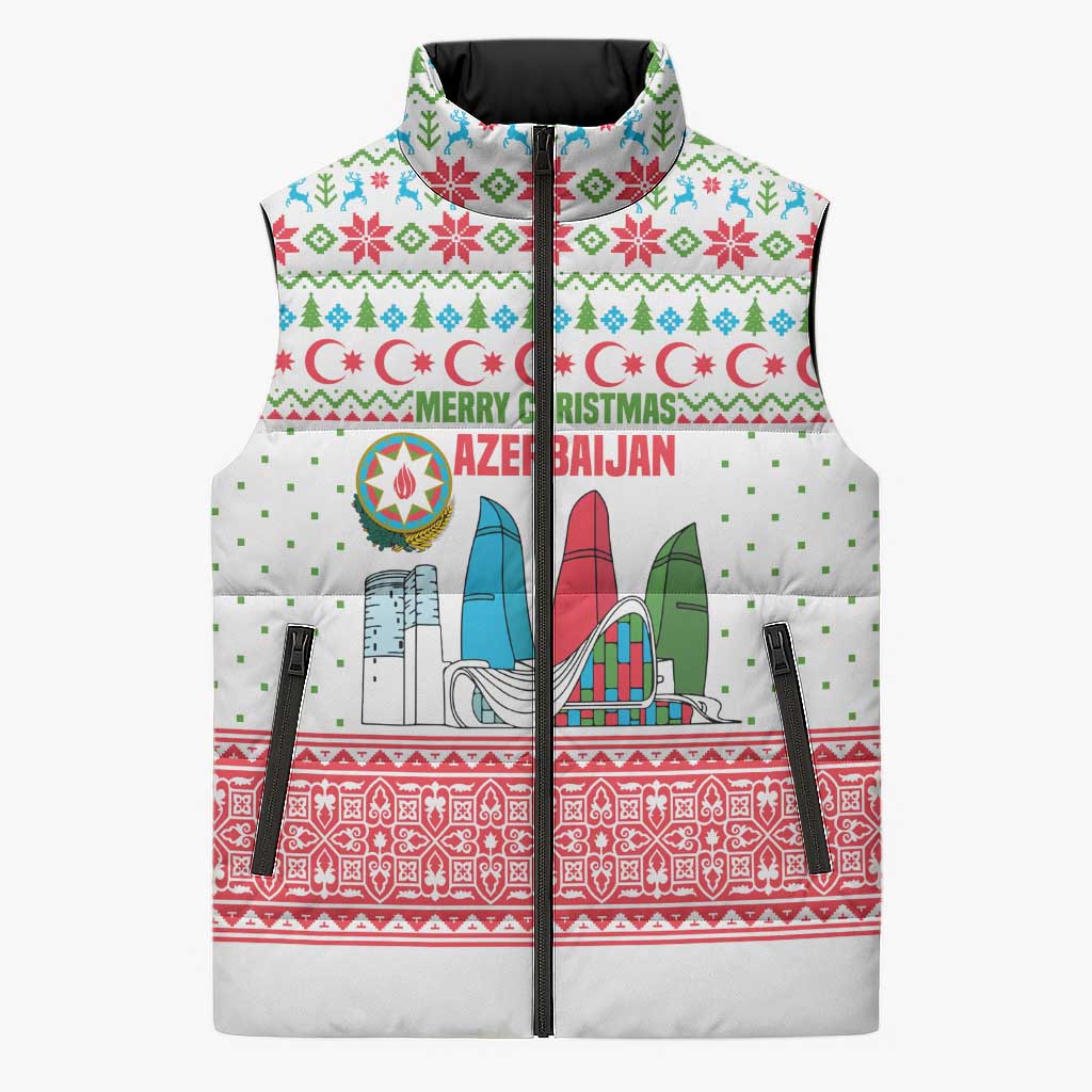 Azerbaijan Christmas Sleeveless Puffer Jacket with Baku Skyline Azerbaijan Flag and Red Green Snowflake Pattern Design - Wonder Print Shop