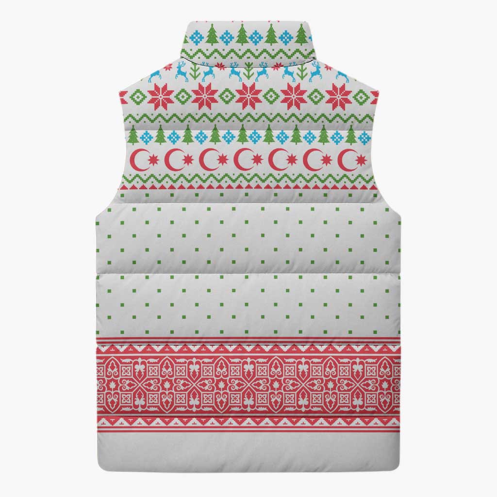 Azerbaijan Christmas Sleeveless Puffer Jacket with Baku Skyline Azerbaijan Flag and Red Green Snowflake Pattern Design - Wonder Print Shop