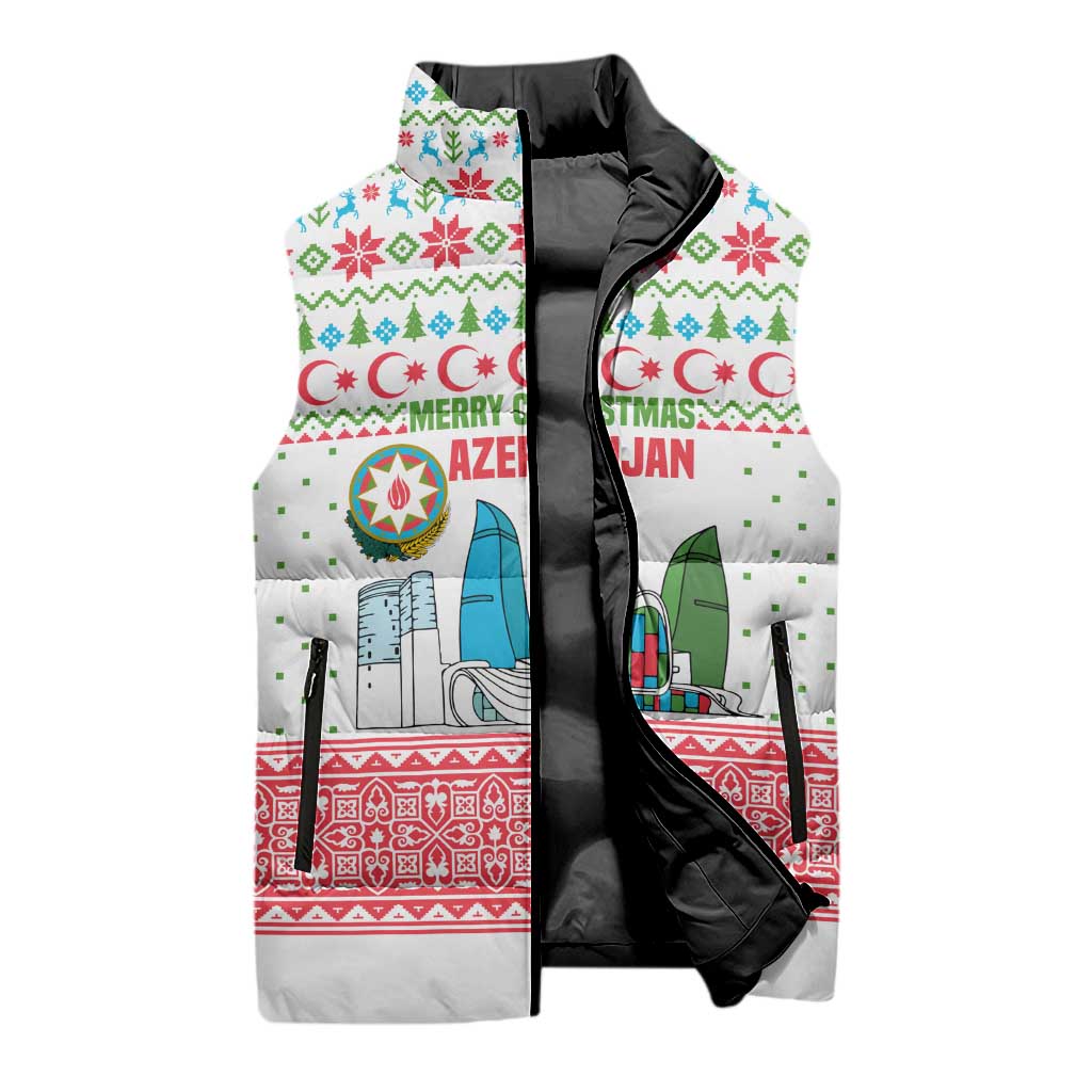 Azerbaijan Christmas Sleeveless Puffer Jacket with Baku Skyline Azerbaijan Flag and Red Green Snowflake Pattern Design - Wonder Print Shop