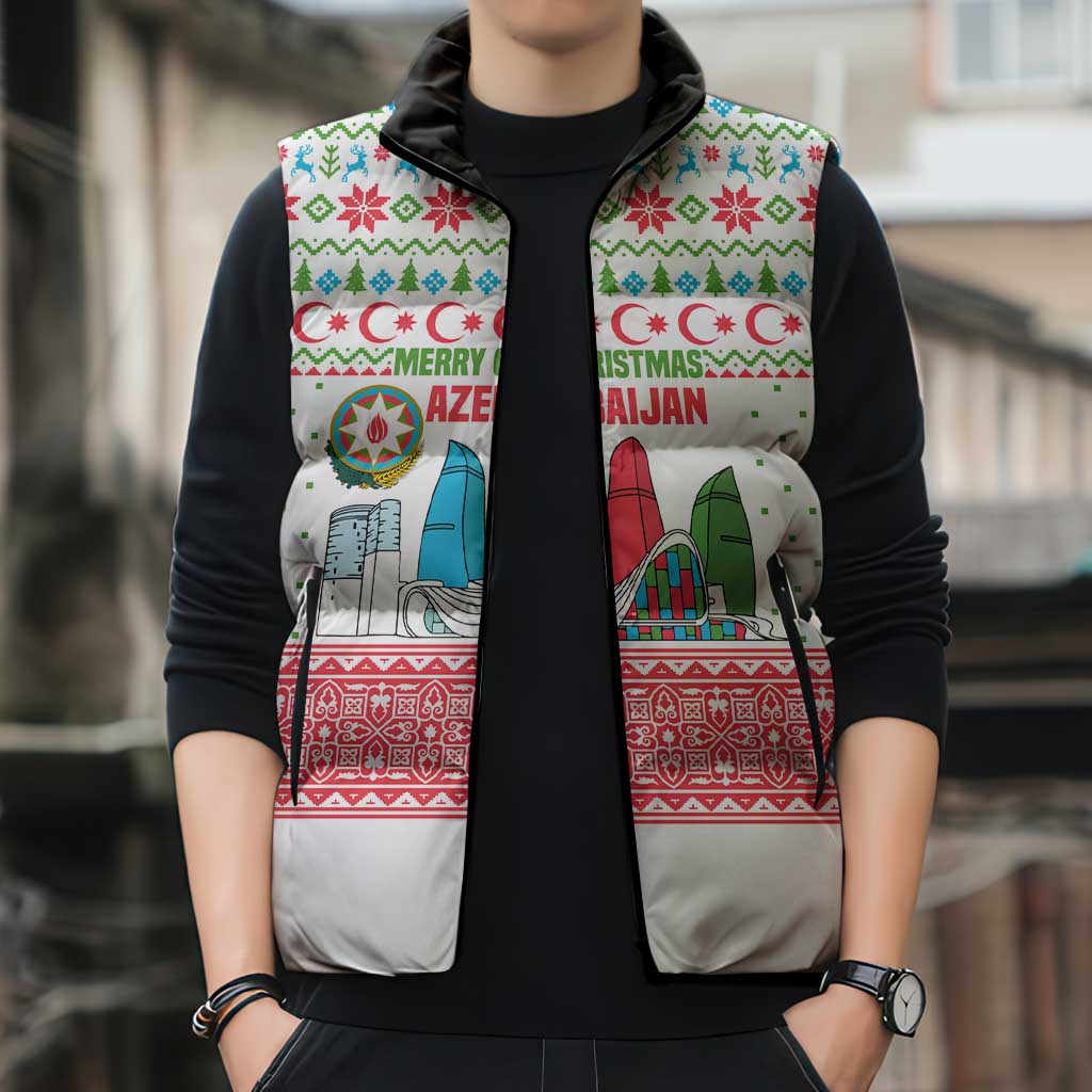 Azerbaijan Christmas Sleeveless Puffer Jacket with Baku Skyline Azerbaijan Flag and Red Green Snowflake Pattern Design - Wonder Print Shop
