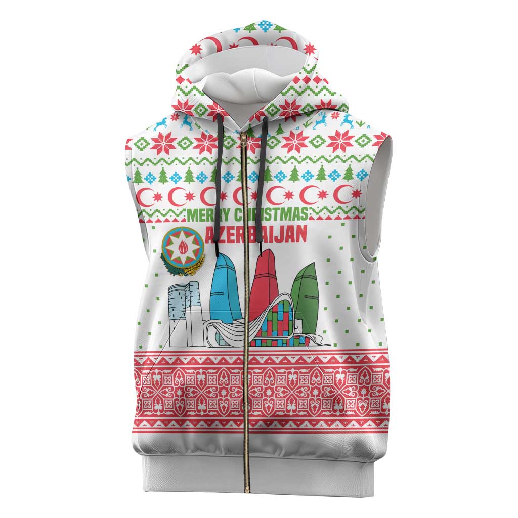 Azerbaijan Christmas Sleeveless Zip Hoodie with Baku Skyline Azerbaijan Flag and Red Green Snowflake Pattern Design - Wonder Print Shop