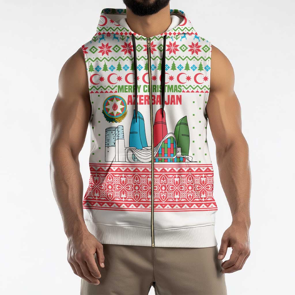 Azerbaijan Christmas Sleeveless Zip Hoodie with Baku Skyline Azerbaijan Flag and Red Green Snowflake Pattern Design - Wonder Print Shop
