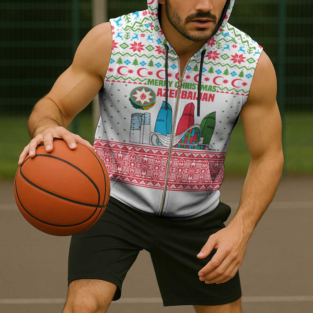 Azerbaijan Christmas Sleeveless Zip Hoodie with Baku Skyline Azerbaijan Flag and Red Green Snowflake Pattern Design - Wonder Print Shop