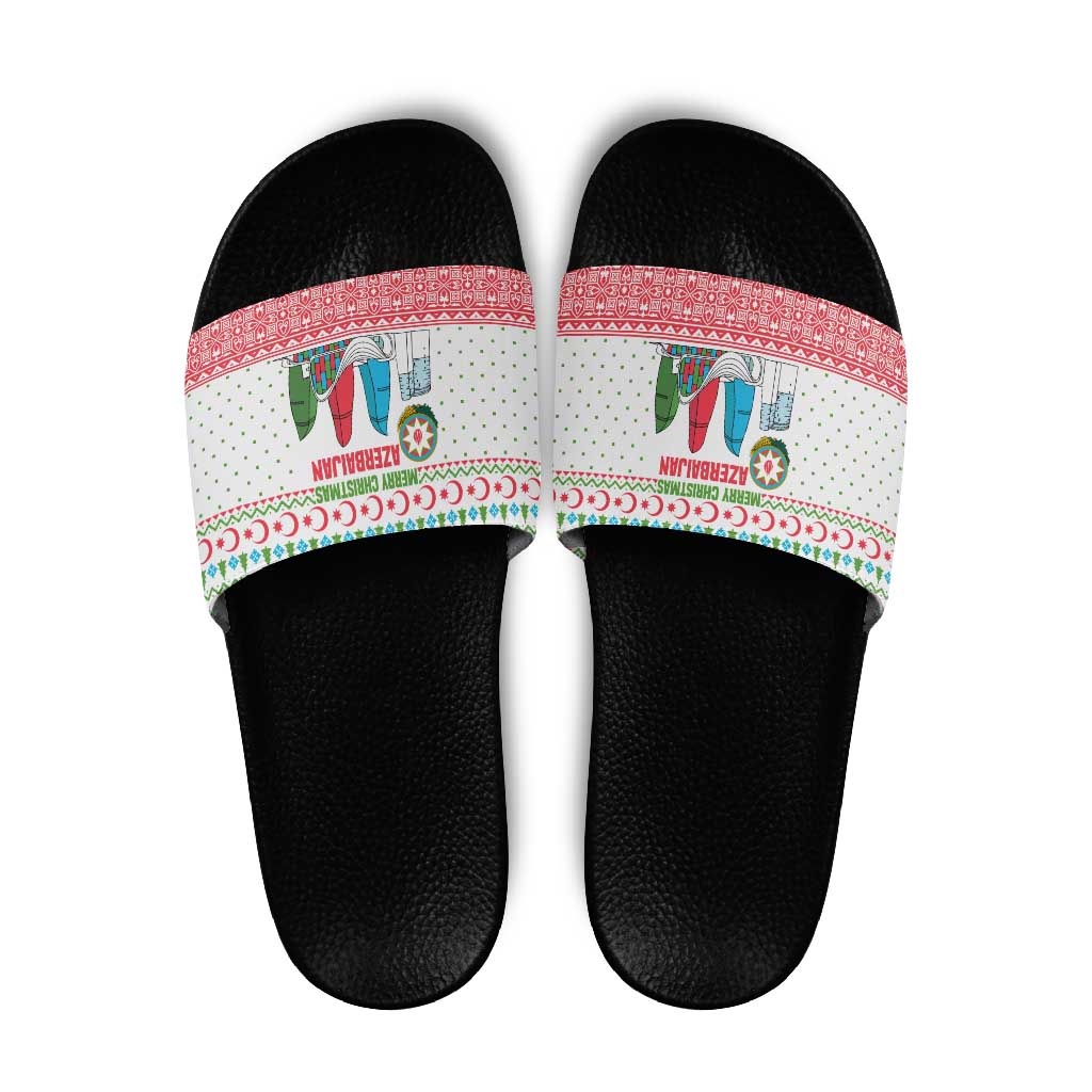 Azerbaijan Christmas Slide Sandals with Baku Skyline Azerbaijan Flag and Red Green Snowflake Pattern Design - Wonder Print Shop