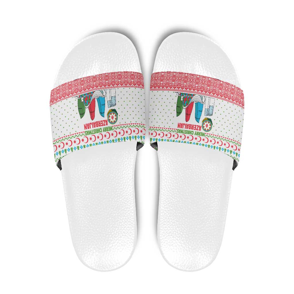 Azerbaijan Christmas Slide Sandals with Baku Skyline Azerbaijan Flag and Red Green Snowflake Pattern Design - Wonder Print Shop
