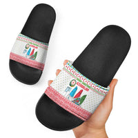 Azerbaijan Christmas Slide Sandals with Baku Skyline Azerbaijan Flag and Red Green Snowflake Pattern Design - Wonder Print Shop