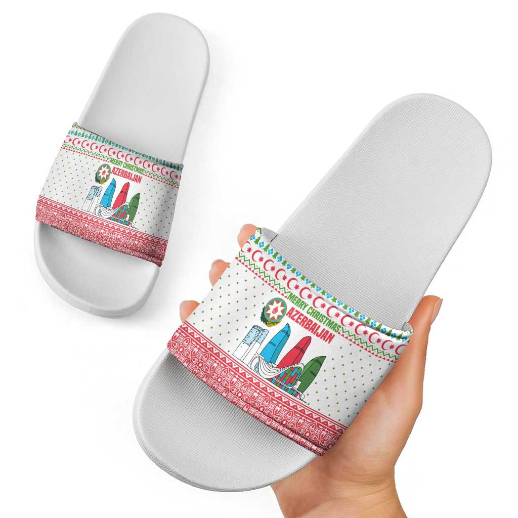 Azerbaijan Christmas Slide Sandals with Baku Skyline Azerbaijan Flag and Red Green Snowflake Pattern Design - Wonder Print Shop