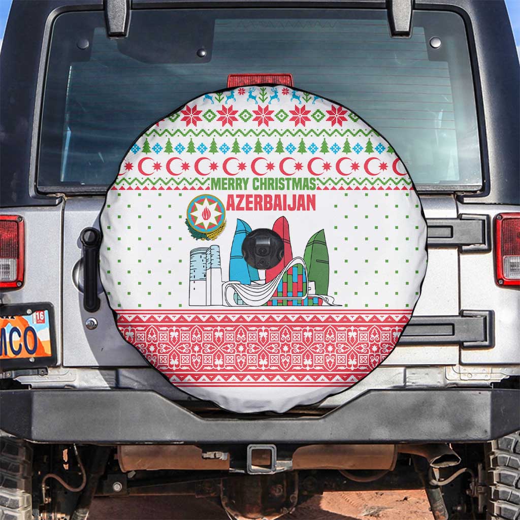 Azerbaijan Christmas Spare Tire Cover with Baku Skyline Azerbaijan Flag and Red Green Snowflake Pattern Design - Wonder Print Shop