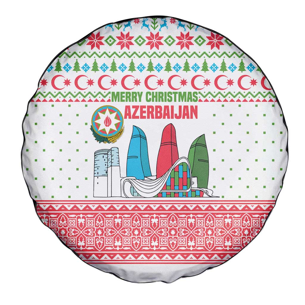 Azerbaijan Christmas Spare Tire Cover with Baku Skyline Azerbaijan Flag and Red Green Snowflake Pattern Design - Wonder Print Shop