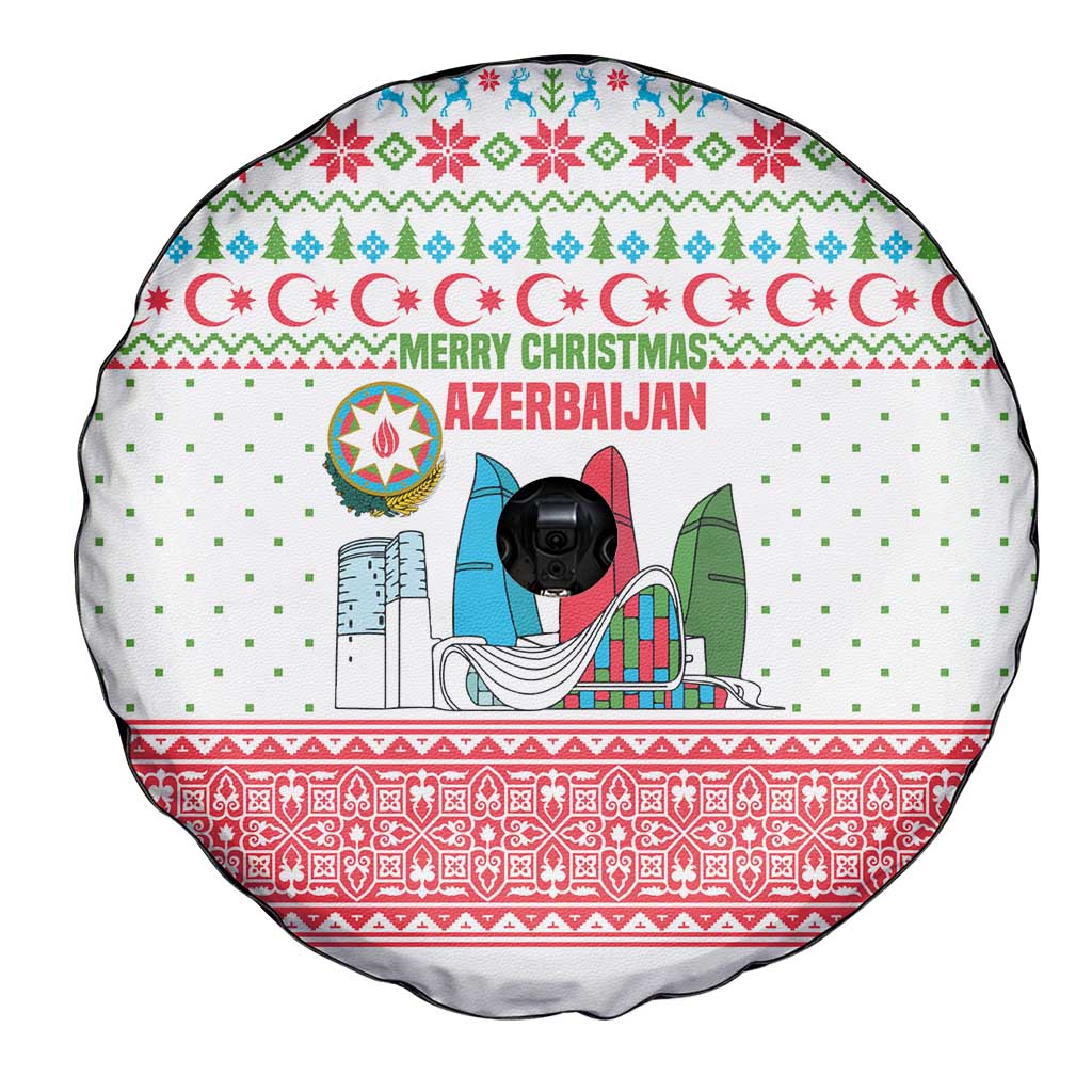 Azerbaijan Christmas Spare Tire Cover with Baku Skyline Azerbaijan Flag and Red Green Snowflake Pattern Design - Wonder Print Shop