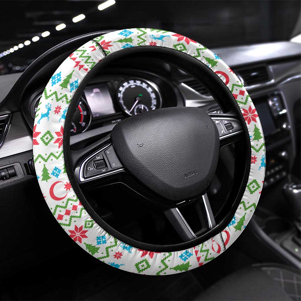 Azerbaijan Christmas Steering Wheel Cover with Baku Skyline Azerbaijan Flag and Red Green Snowflake Pattern Design - Wonder Print Shop