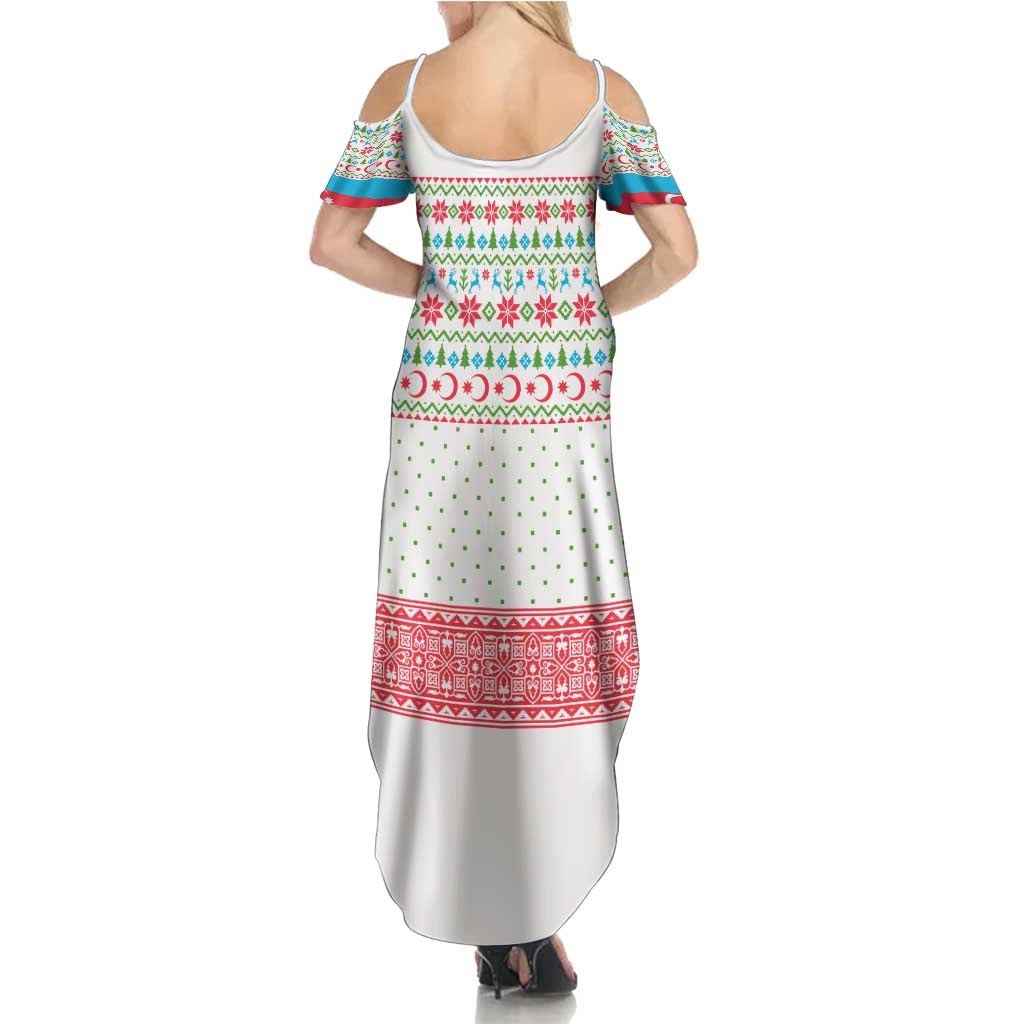 Azerbaijan Christmas Summer Maxi Dress with Baku Skyline Azerbaijan Flag and Red Green Snowflake Pattern Design - Wonder Print Shop