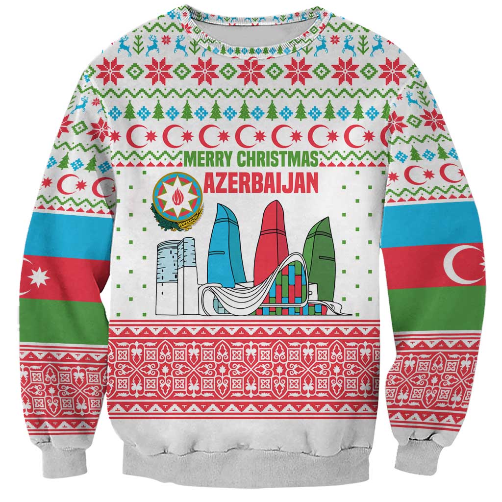 Azerbaijan Christmas Sweatshirt with Baku Skyline Azerbaijan Flag and Red Green Snowflake Pattern Design - Wonder Print Shop