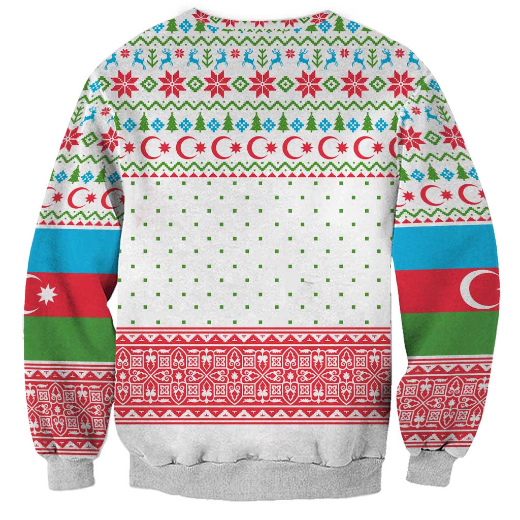 Azerbaijan Christmas Sweatshirt with Baku Skyline Azerbaijan Flag and Red Green Snowflake Pattern Design - Wonder Print Shop