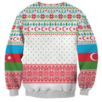 Azerbaijan Christmas Sweatshirt with Baku Skyline Azerbaijan Flag and Red Green Snowflake Pattern Design - Wonder Print Shop