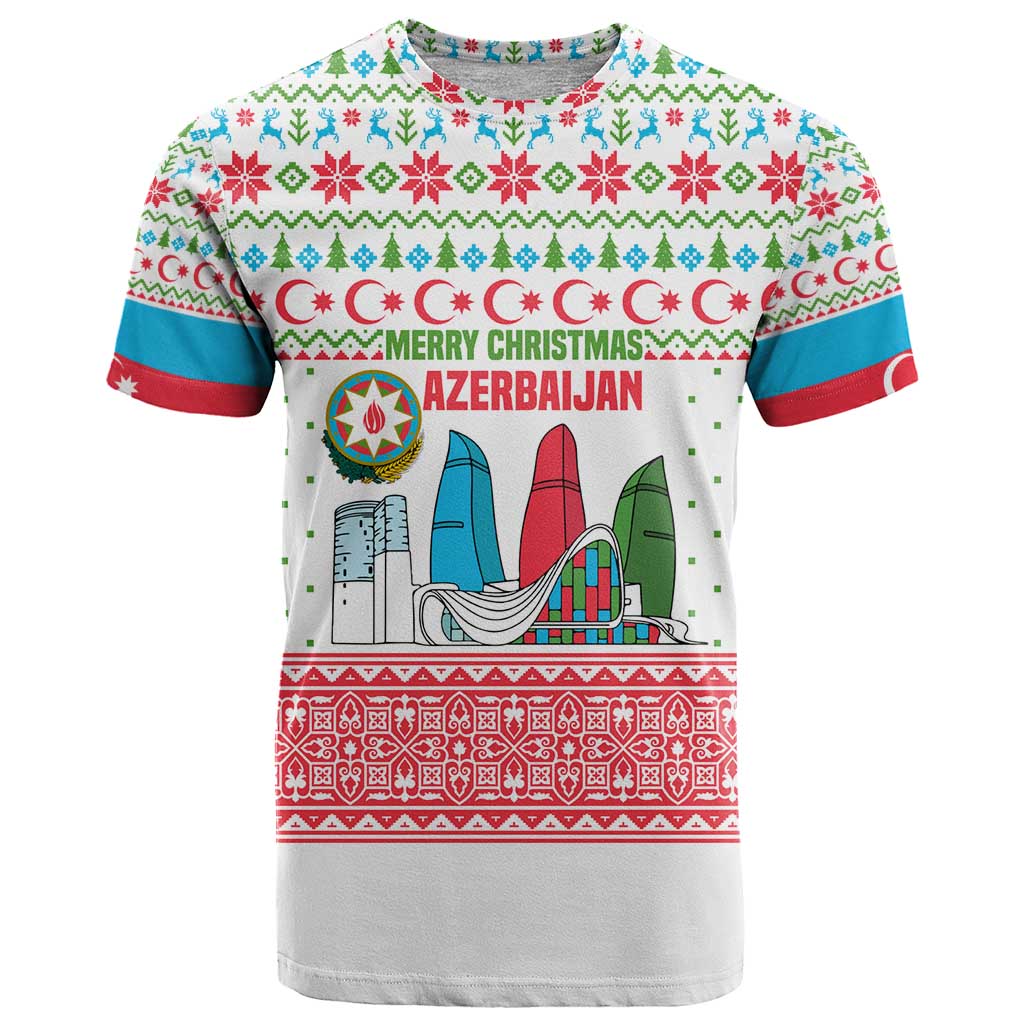Azerbaijan Christmas T Shirt with Baku Skyline Azerbaijan Flag and Red Green Snowflake Pattern Design - Wonder Print Shop