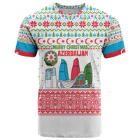 Azerbaijan Christmas T Shirt with Baku Skyline Azerbaijan Flag and Red Green Snowflake Pattern Design - Wonder Print Shop