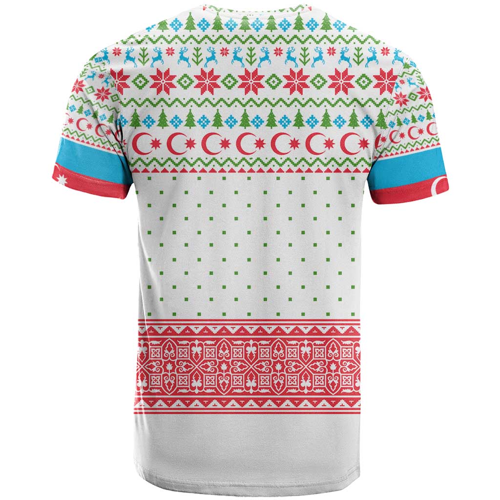 Azerbaijan Christmas T Shirt with Baku Skyline Azerbaijan Flag and Red Green Snowflake Pattern Design - Wonder Print Shop