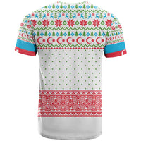 Azerbaijan Christmas T Shirt with Baku Skyline Azerbaijan Flag and Red Green Snowflake Pattern Design - Wonder Print Shop
