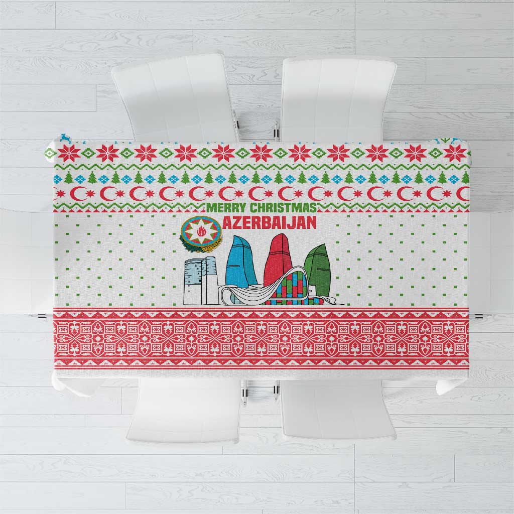 Azerbaijan Christmas Tablecloth with Baku Skyline Azerbaijan Flag and Red Green Snowflake Pattern Design - Wonder Print Shop