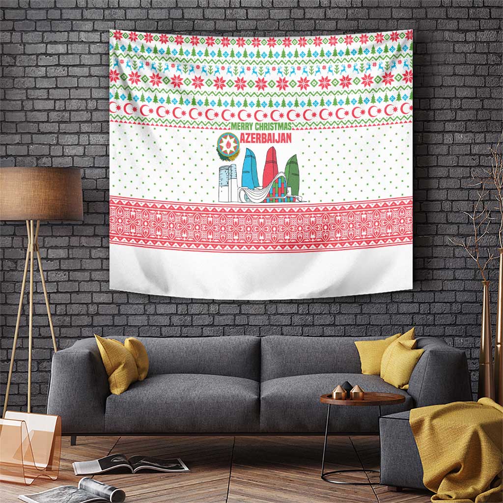 Azerbaijan Christmas Tapestry with Baku Skyline Azerbaijan Flag and Red Green Snowflake Pattern Design - Wonder Print Shop