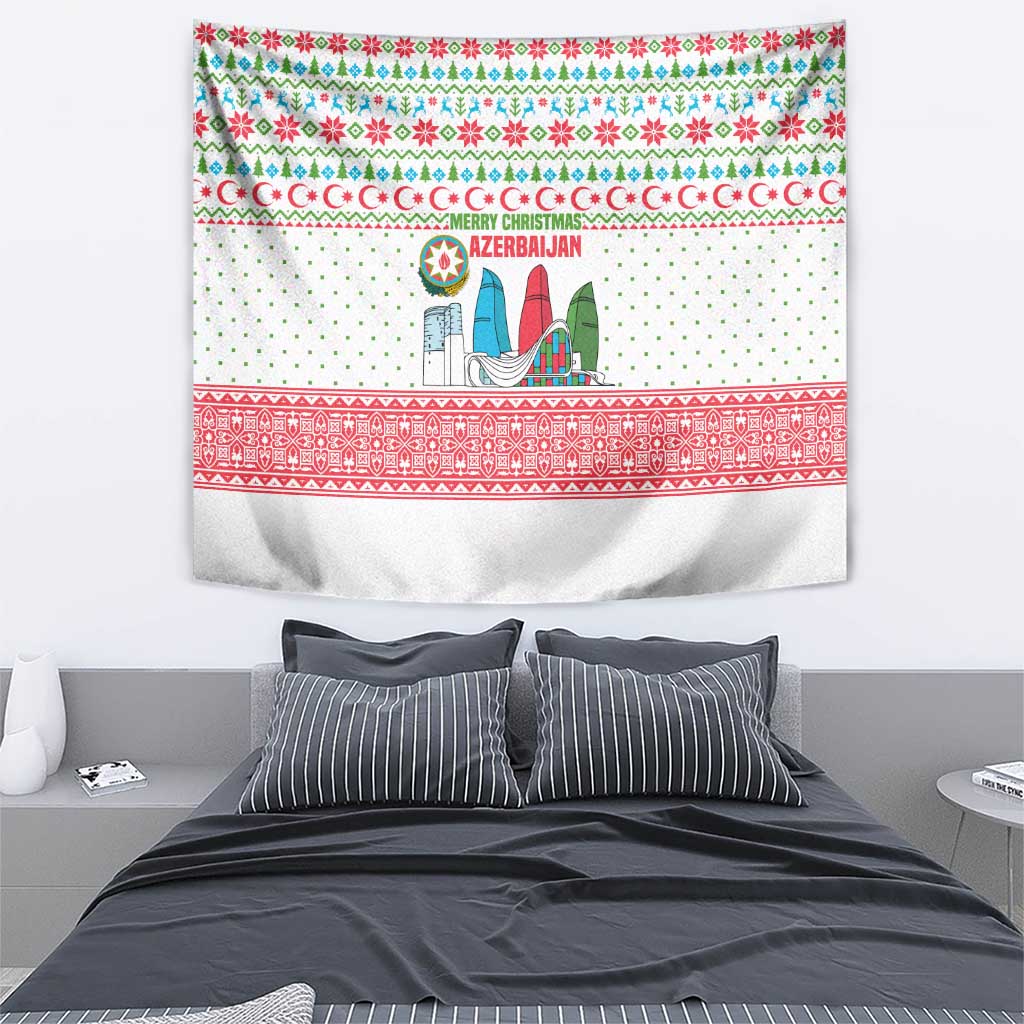 Azerbaijan Christmas Tapestry with Baku Skyline Azerbaijan Flag and Red Green Snowflake Pattern Design - Wonder Print Shop