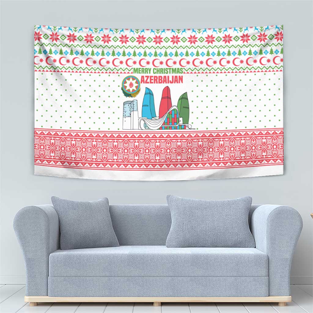 Azerbaijan Christmas Tapestry with Baku Skyline Azerbaijan Flag and Red Green Snowflake Pattern Design - Wonder Print Shop