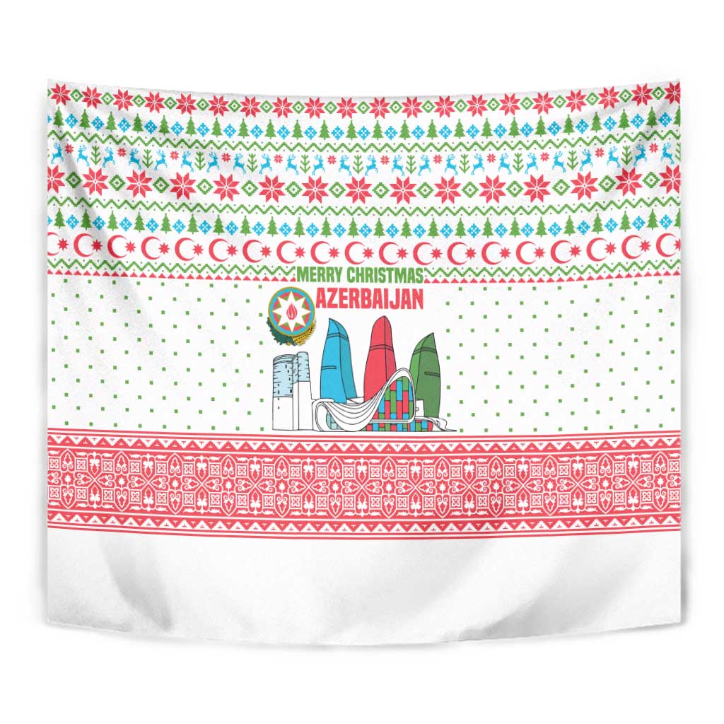 Azerbaijan Christmas Tapestry with Baku Skyline Azerbaijan Flag and Red Green Snowflake Pattern Design - Wonder Print Shop