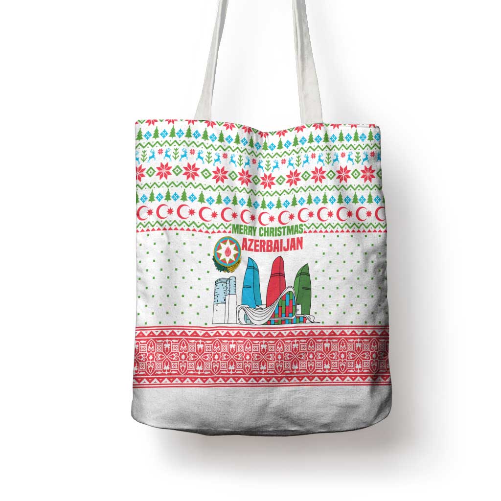 Azerbaijan Christmas Tote Bag with Baku Skyline Azerbaijan Flag and Red Green Snowflake Pattern Design - Wonder Print Shop