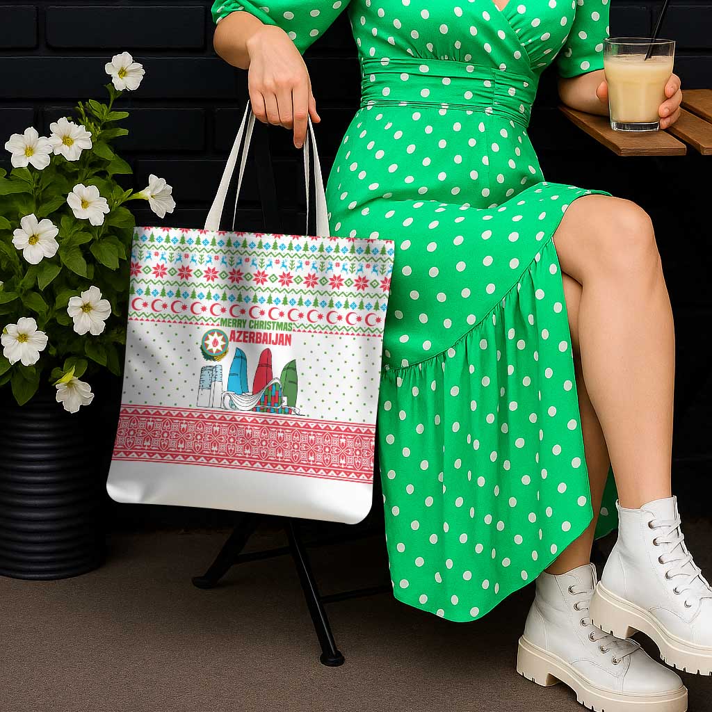 Azerbaijan Christmas Tote Bag with Baku Skyline Azerbaijan Flag and Red Green Snowflake Pattern Design - Wonder Print Shop