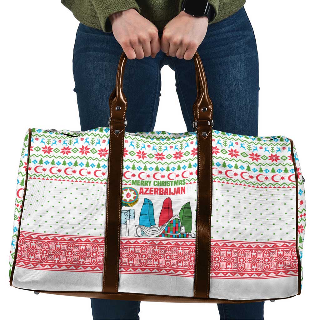 Azerbaijan Christmas Travel Bag with Baku Skyline Azerbaijan Flag and Red Green Snowflake Pattern Design - Wonder Print Shop