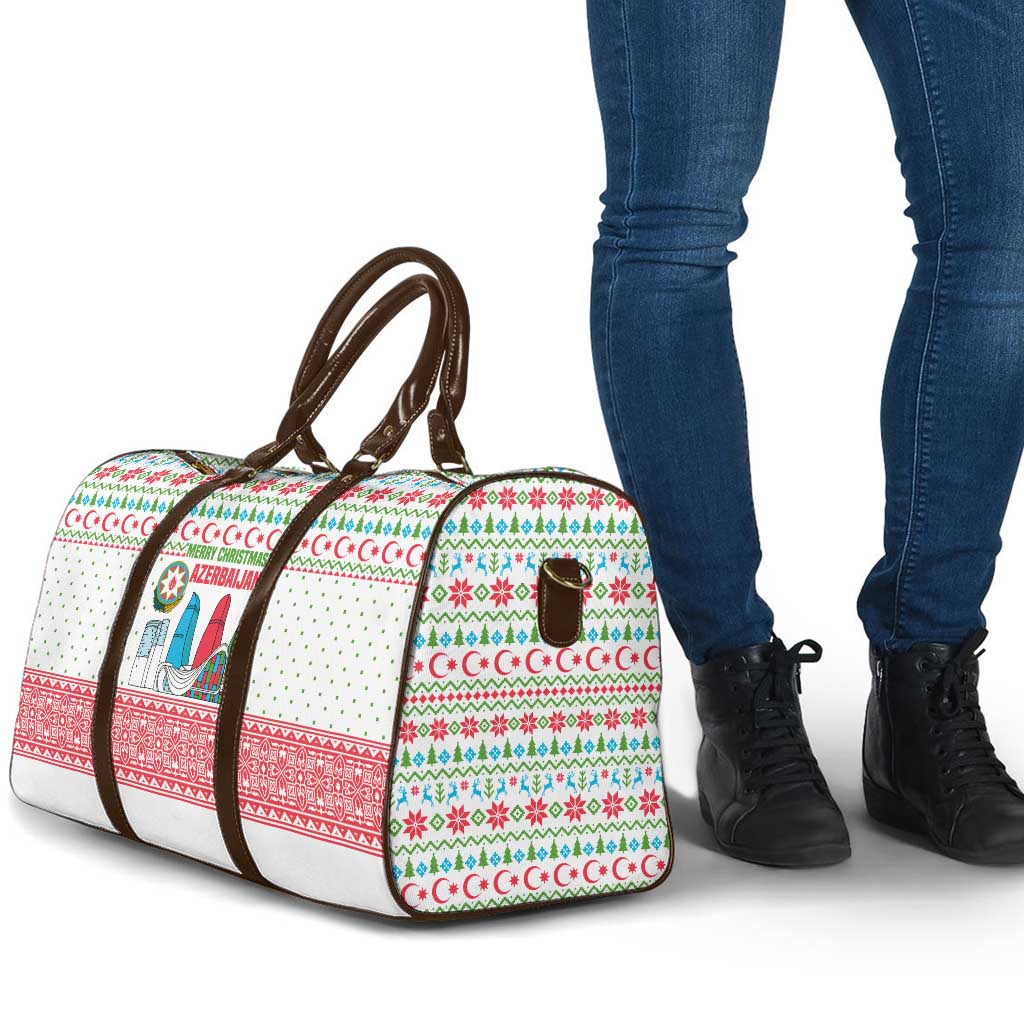 Azerbaijan Christmas Travel Bag with Baku Skyline Azerbaijan Flag and Red Green Snowflake Pattern Design - Wonder Print Shop
