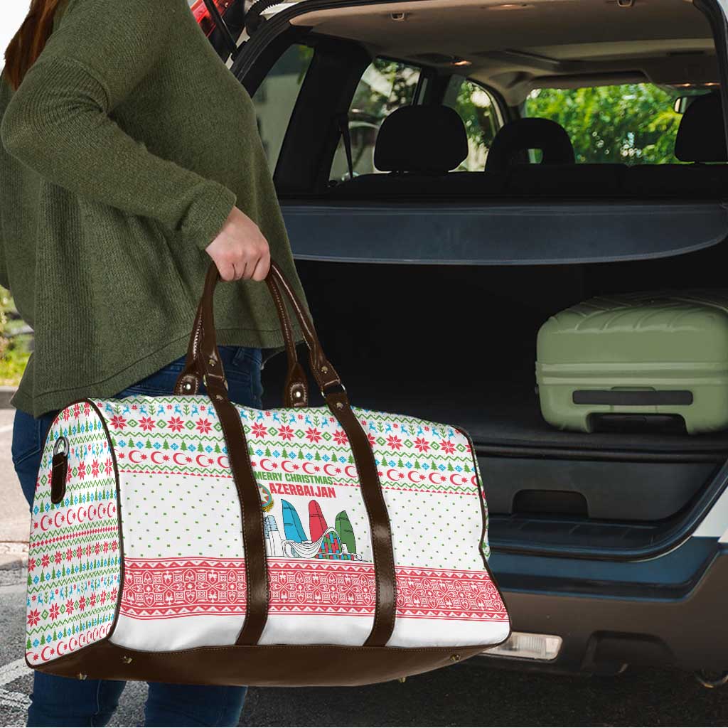Azerbaijan Christmas Travel Bag with Baku Skyline Azerbaijan Flag and Red Green Snowflake Pattern Design - Wonder Print Shop