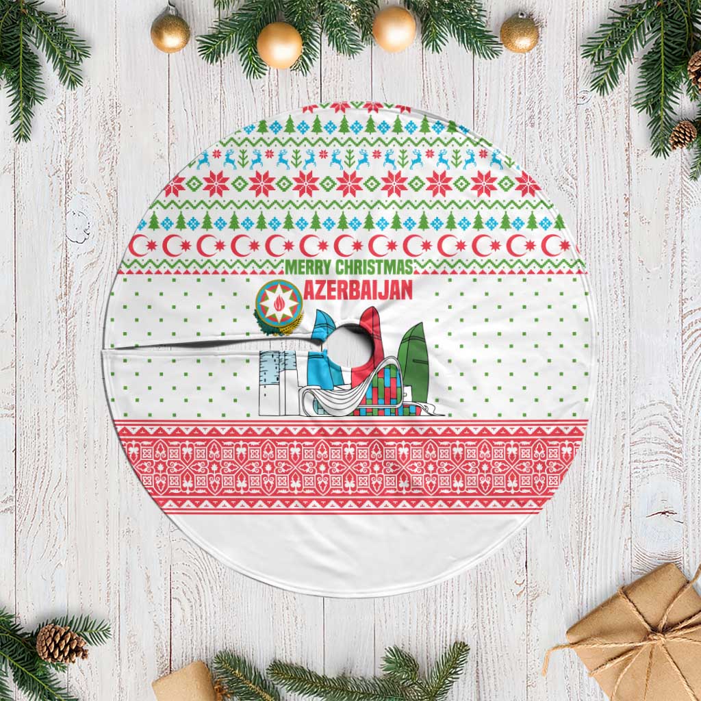 Azerbaijan Christmas Tree Skirt with Baku Skyline Azerbaijan Flag and Red Green Snowflake Pattern Design - Wonder Print Shop