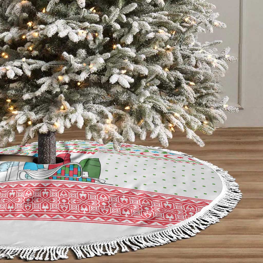 Azerbaijan Christmas Tree Skirt with Baku Skyline Azerbaijan Flag and Red Green Snowflake Pattern Design - Wonder Print Shop